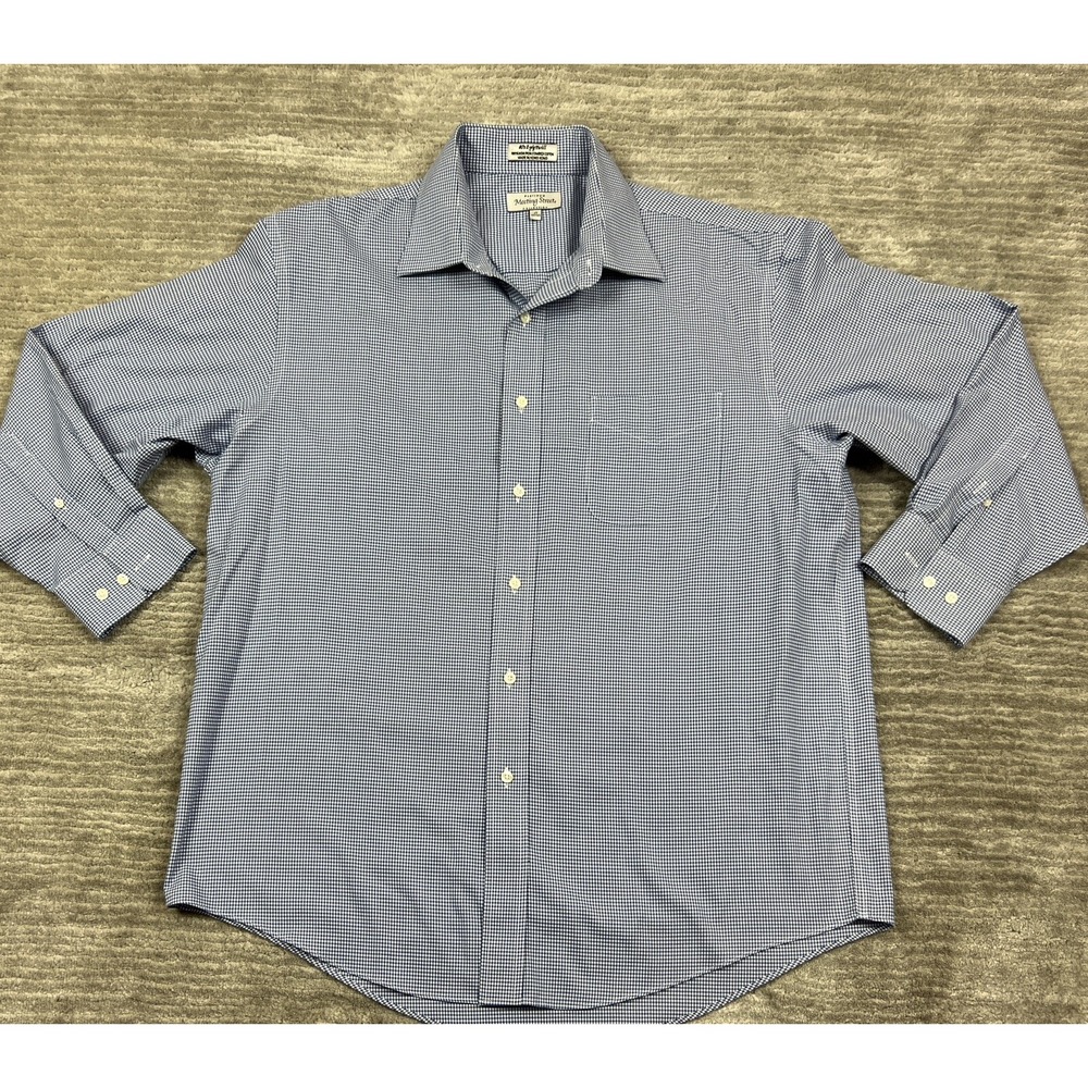 Meeting Street Button Down Men 17 32/33 Blue Check Platinum Twill Non-Iron Shirt